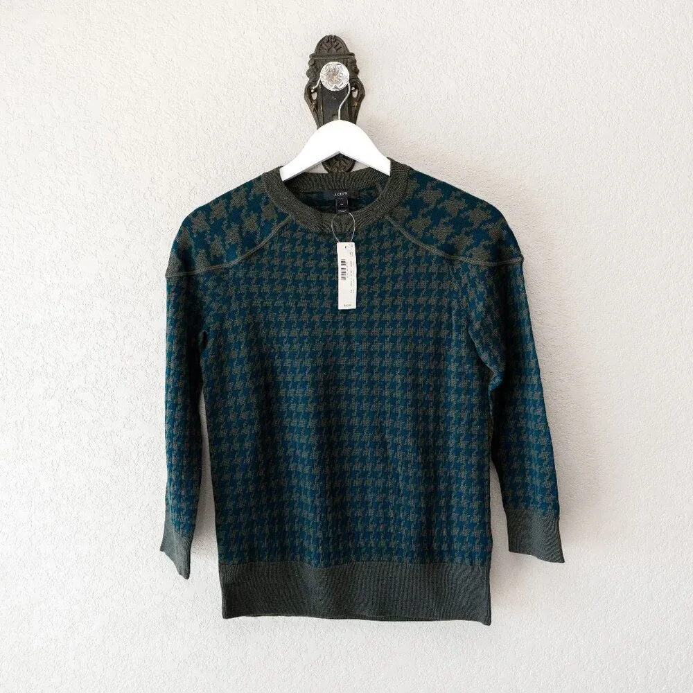 J.Crew NWT 100% Merino Wool Houndstooth Sweater Green Blue Crewneck XS $98 - Picture 1 of 12